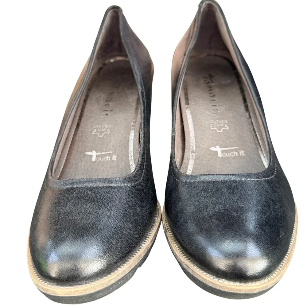 Tamaris Pumps Womens 37 Black Leather Block Heel Round Toe Touch It Office